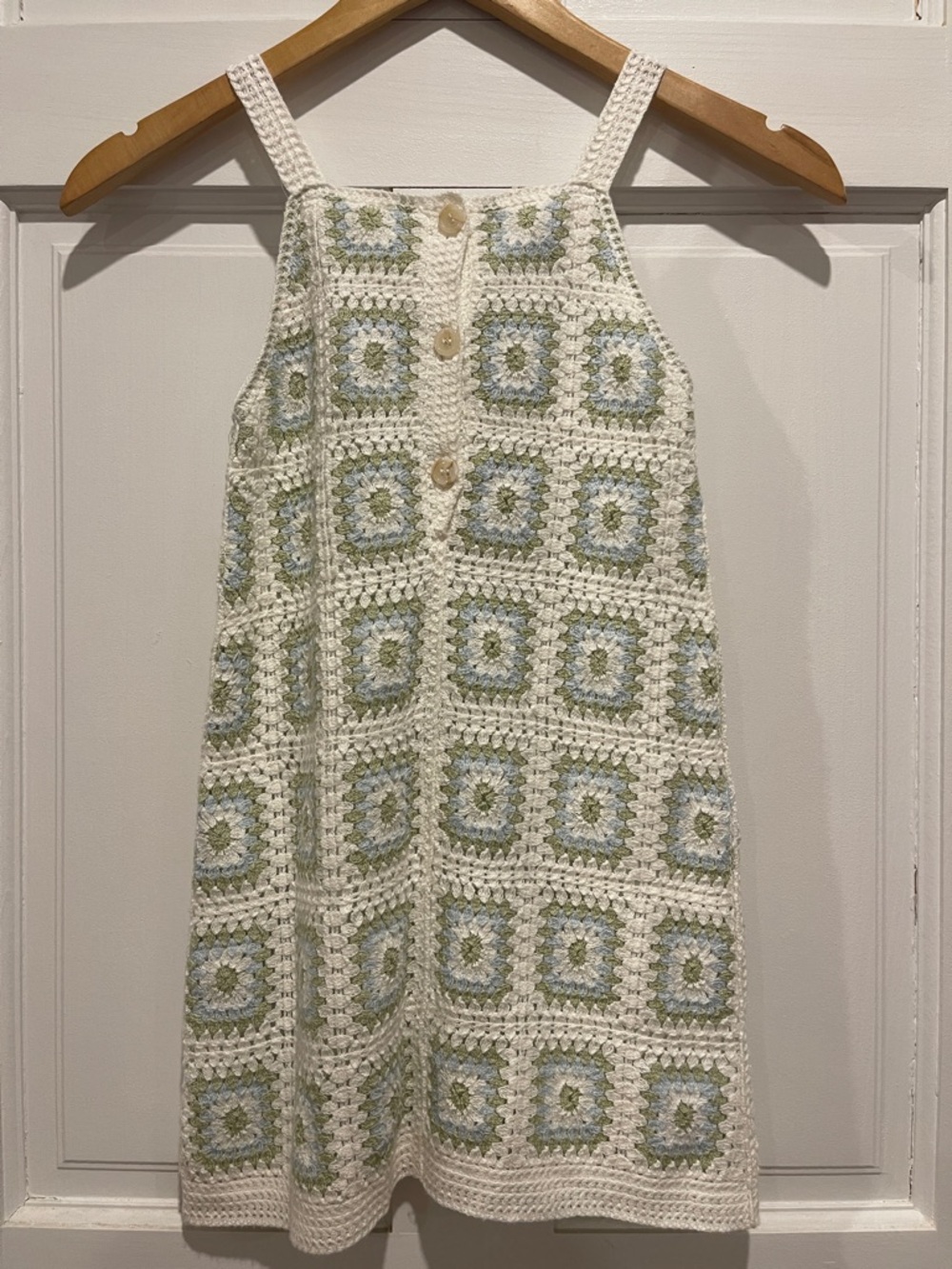 Girl’s Crochet Granny Square Dress in Cream, Sage & Light Blue